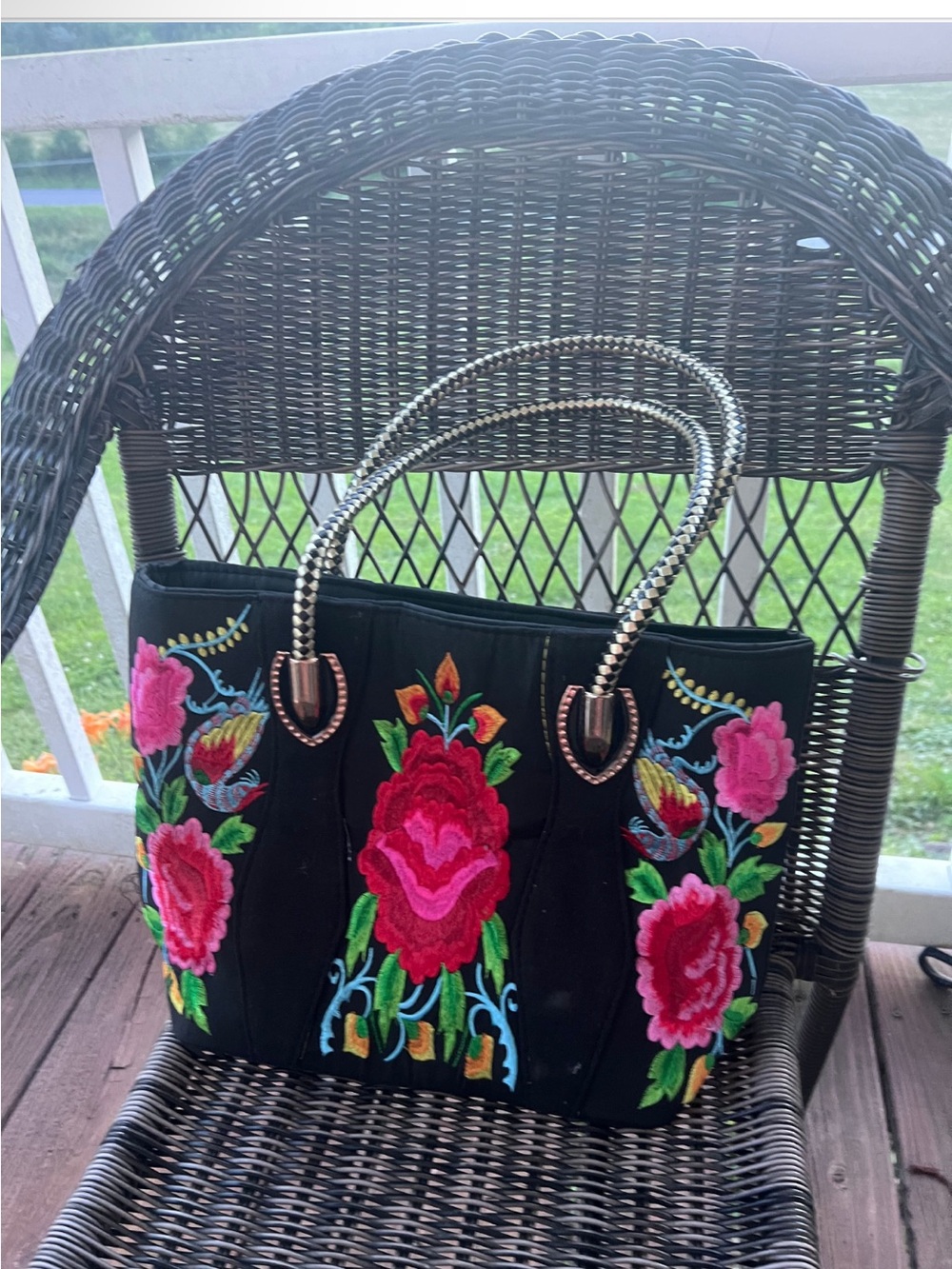 Black Floral Embroidered Tote Bag with Pink Rose Accents